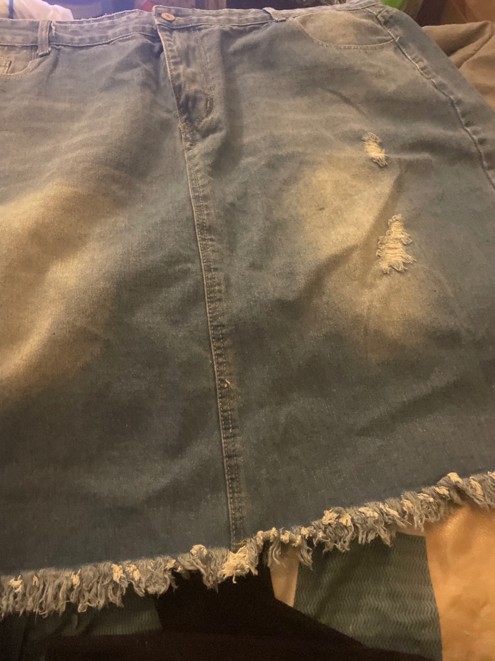 Distressed denim midi skirt